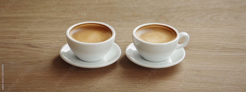 Double shot espresso coffee in two white cups on a wooden table with empty space for text or branding elements. Double shot espresso coffee in two white cups on a wooden table with empty space for text or branding elements.