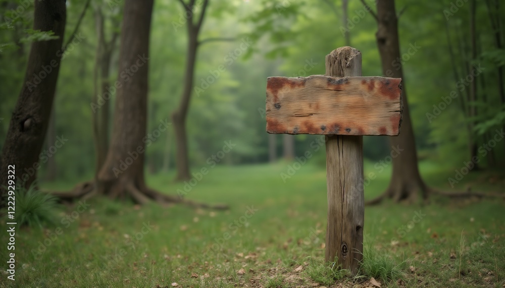 an empty sign board on the background of a forest, made of wood, old and weathered plaque an empty sign board on the background of a forest, made of wood, old and weathered plaque
