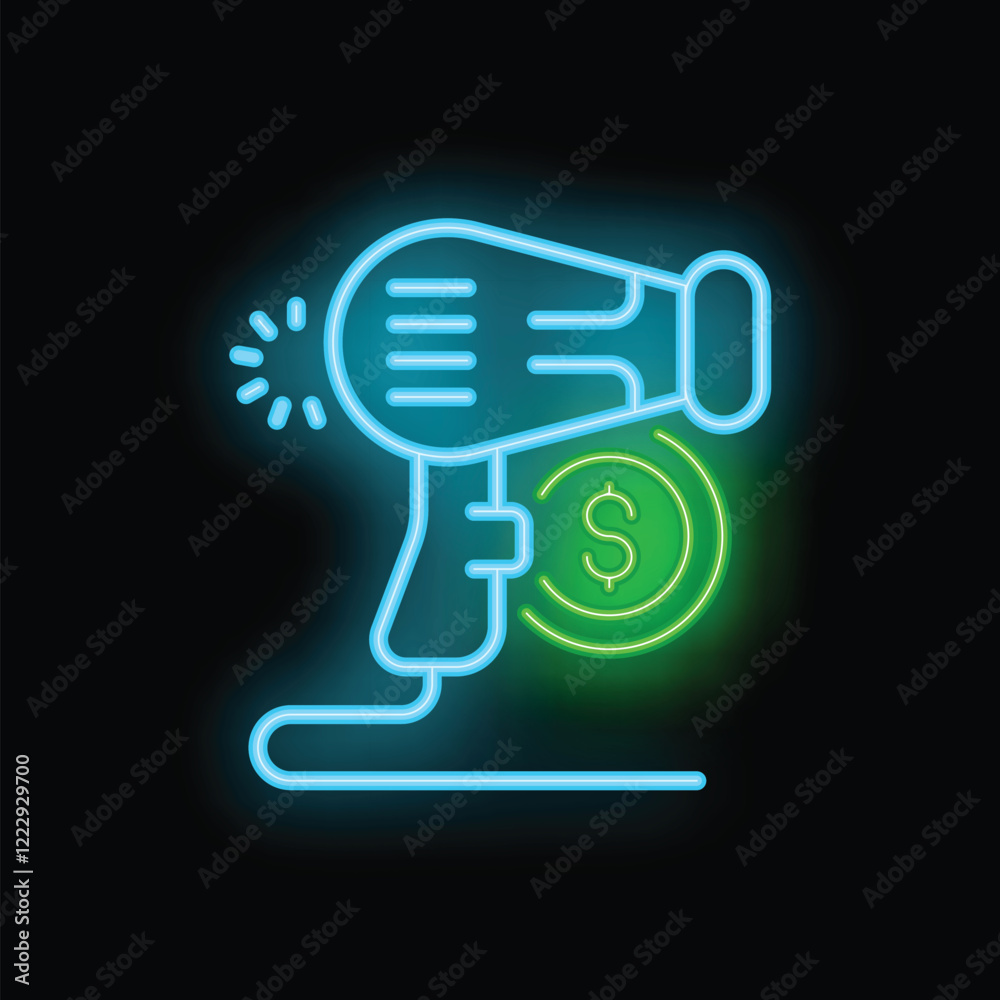 Neon hair dryer with dollar sign representing the cost of hairdressing services, concept for hair salon price list Neon hair dryer with dollar sign representing the cost of hairdressing services, concept for hair salon price list