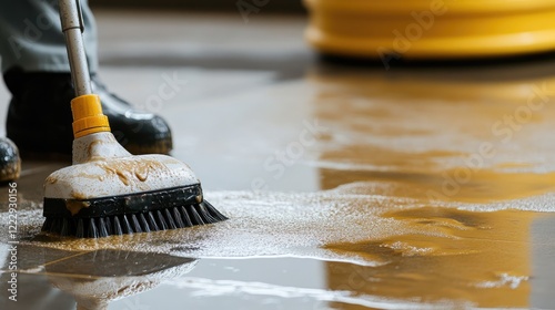 Cleaning commercial floors with a broom and soap while leaving space for your text or advertisement showcasing cleaning services and products photo