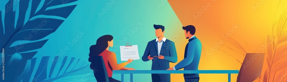 Fototapeta premium A business meeting scene featuring three professionals discussing ideas, with vibrant colors and a modern aesthetic.