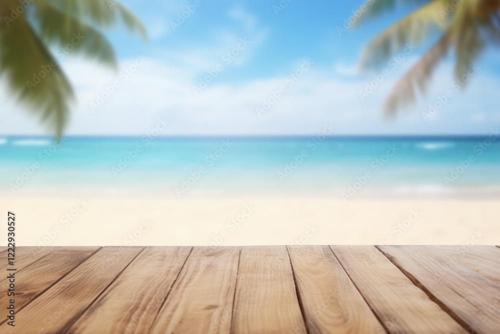 Fototapeta premium Blured Tropical Beach Background with Empty Wooden Table for Summer Holiday Product Display Template or Banner