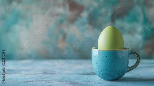 Green boiled egg in a blue cup against a textured background with ample copy space for text or creative layout designs photo