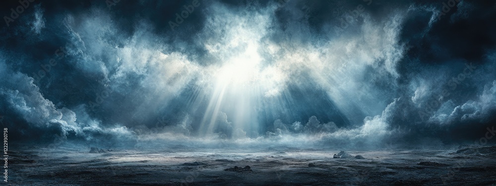 Fototapeta premium Dramatic dawn light beams through dark clouds in a fantasy landscape with vast empty space suitable for text overlay or creative use