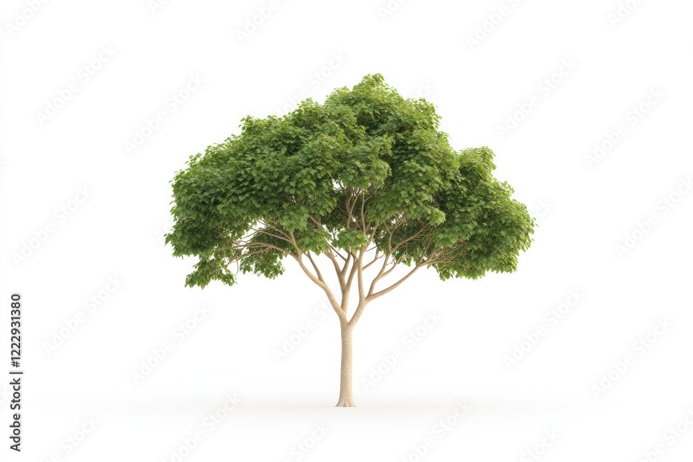 Lush green tree stands tall against minimalist white background, Lush green tree stands tall against minimalist white background,