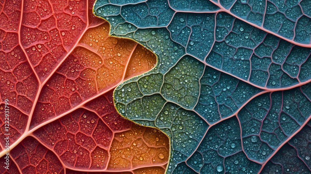 Obraz premium Vibrant leaves with intricate textures and droplets, showcasing nature's beauty.