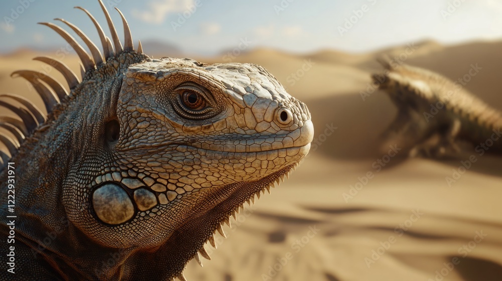 Fototapeta premium Iguana head in desert setting with blurred background and ample space for text or graphic overlay in a natural environment