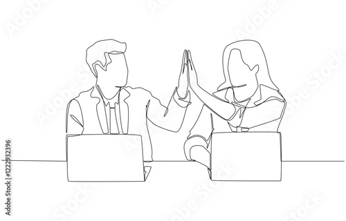 Continuous one line drawing of male and female employees making high five gesture while working with laptops, teamwork and encouragement for work concept, single line art