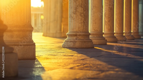 Golden hour illuminates plaza columns creating warm shadows and inviting empty space for text or design content. photo