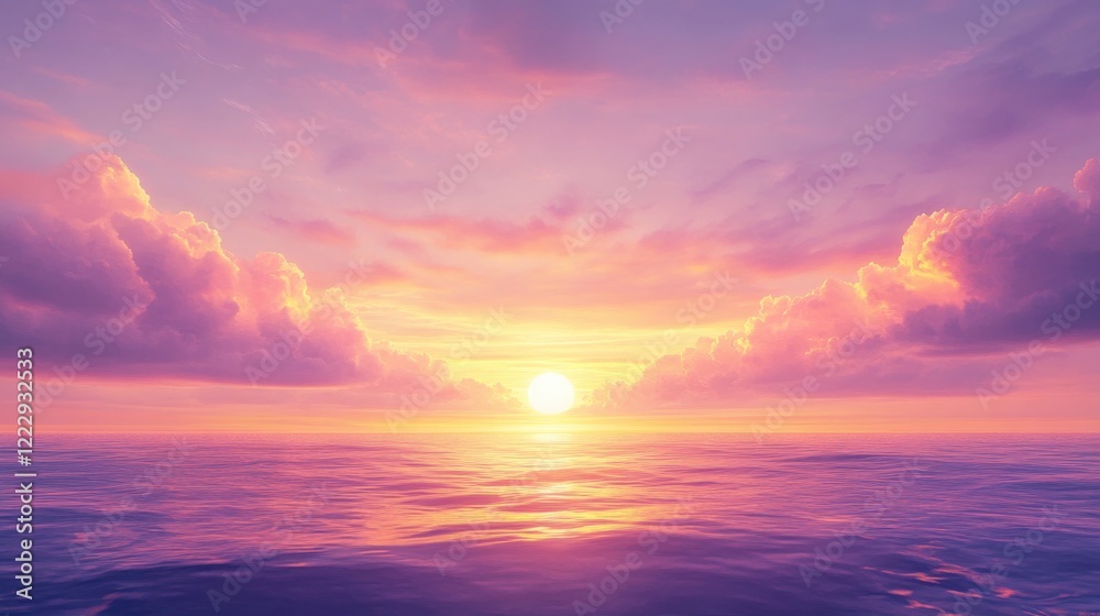 Naklejka premium Breathtaking Sunset Over Ocean with Vibrant Colors and Clouds Ideal for Inspirational Text and Background Design