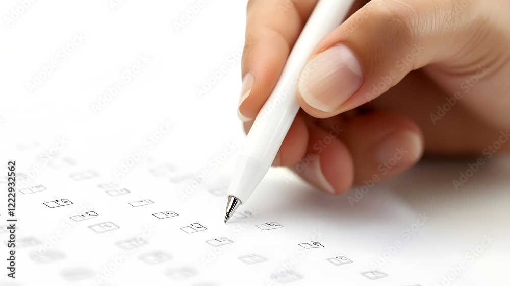Hand Holding White Pen Checking Answer Paper on Minimalistic White Background Hand Holding White Pen Checking Answer Paper on Minimalistic White Background