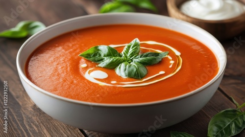 A classic and comforting bowl of creamy tomato bisque with a swirl of cream and fresh basil leaves, served in a white ceramic bowl, Soup centered