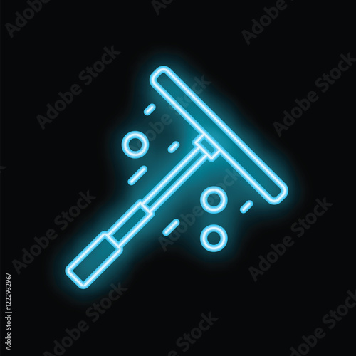 Blue neon sign of a squeegee cleaning a shower, window or any other glass surface