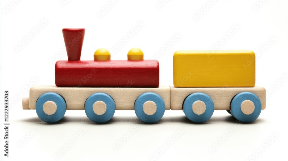 Naklejka premium Colorful wooden toy train with bright primary colors isolated on white background perfect for children's product advertising and design projects