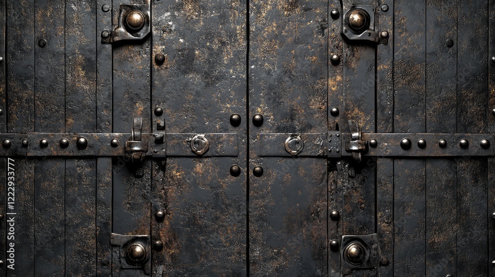 Fototapeta premium Iron metal door with dark scale effect and reflective texture featuring space for empty text or design elements