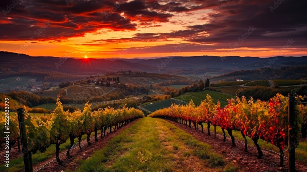 Naklejka premium Chianti Vineyard Landscape with Sunset. Beautiful View of Chianti Vineyards in Gaiole, Tuscany, Italy with Autumn Colors and Green Fields