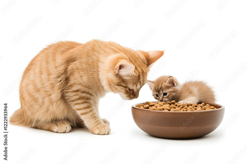 Nurturing Mother Cat Feeds Kitten from Bowl on White Background Nurturing Mother Cat Feeds Kitten from Bowl on White Background