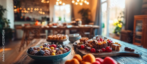 Cozy Open Living Room with Dining Area Featuring Colorful Sweets on the Table Warm Ambiance and Ample Space for Text and Promotions