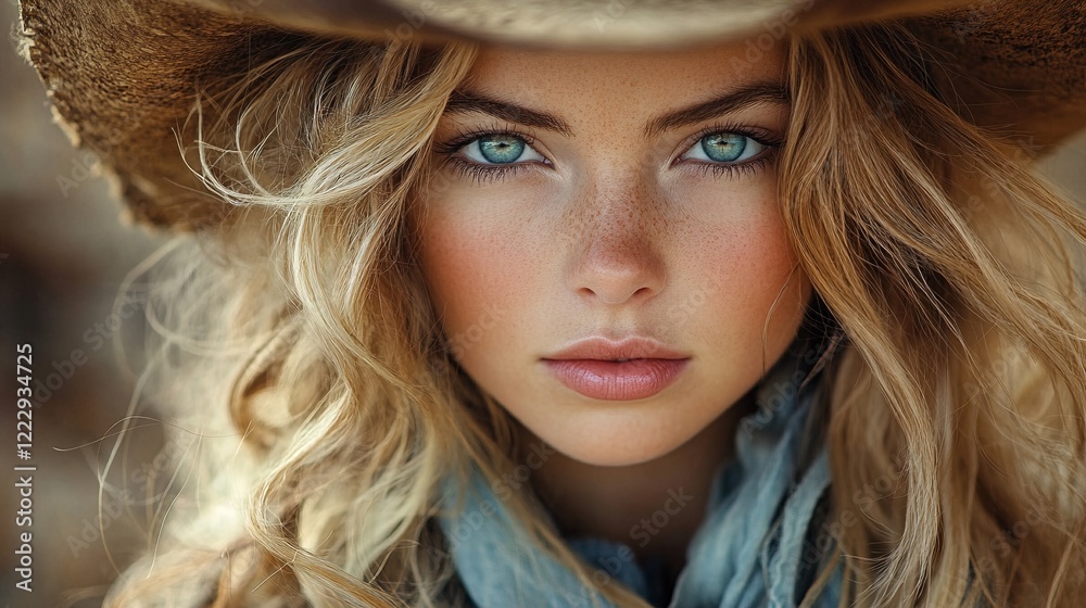 Fototapeta premium A young woman with blonde hair and blue eyes wearing a cowboy hat.