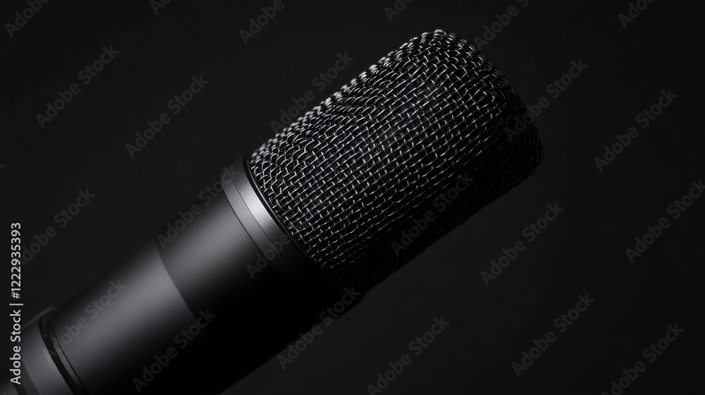 Close up of a professional microphone highlighting intricate details against a dark background with ample copy space for text overlay Close up of a professional microphone highlighting intricate details against a dark background with ample copy space for text overlay