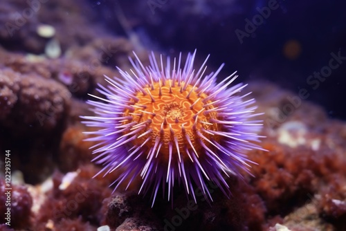 Close-up of Colorful Paracentrotus Lividus Sea Urchin in a Vibrant Underwater Reef Scene photo