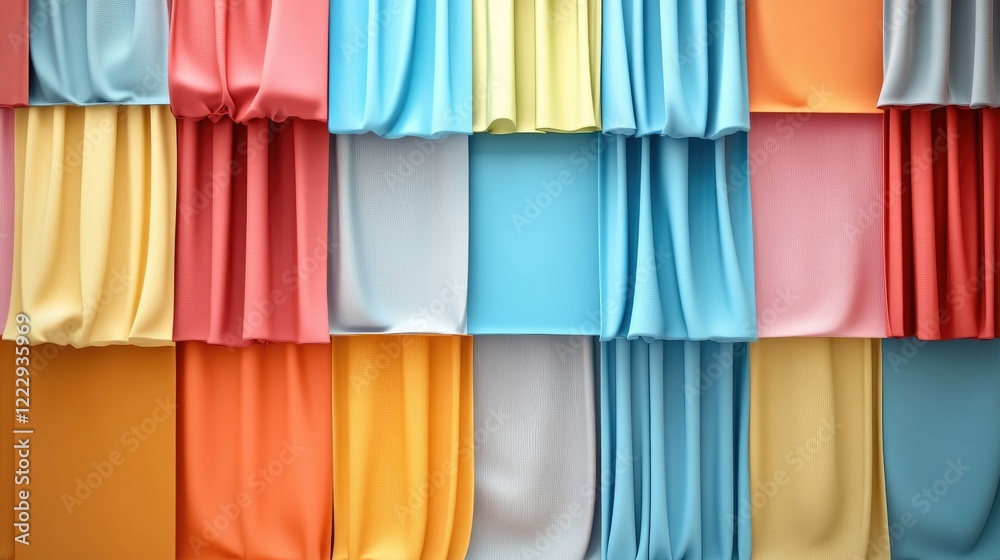 Naklejka premium Colorful fabric wall with draped curtains in various shapes and shades providing ample negative space for text and design elements