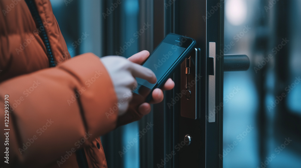 Naklejka premium Close-up of a person unlocking a smart door lock using a smartphone, showcasing modern home security and technology.