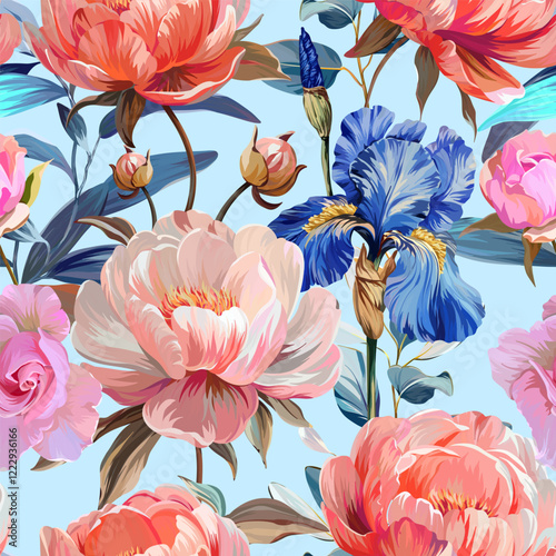 Pattern peonies flowers. Irises, roses. Vector pattern floral summer flowers peonies. For paper, fabric, packaging, interior design