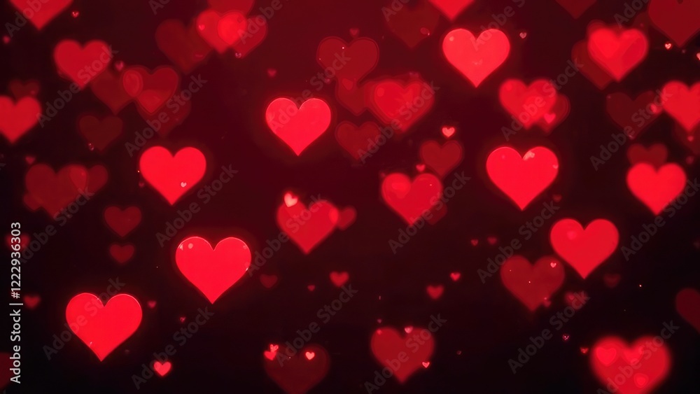 Glowing neon red hearts on black background. Banner, poster. Valentine's Day, card, romantic advertising, holiday card, background for packaging and wallpaper