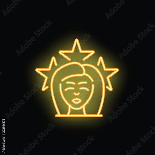 Neon sign of a woman's face with three stars appearing over her head, representing rating, review and ranking photo