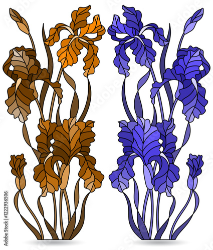 A set of stained glass illustrations with compositions of iris flowers, isolated on a white background, tone blue and brown