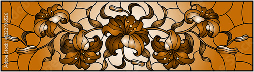llustration in stained glass style with flowers, leaves and buds of lilies on a sky background, tone brown
