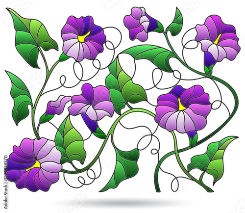 Illustration in stained glass style with intertwined flowers and leaves, dark outlines on a white background