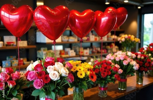 Flower shop with bouquets of flowers decorated with red heart-shaped balloons. Valentine's day, women's day, mother's day, flower gifts, florist services, flower delivery, greetings, business, poster photo