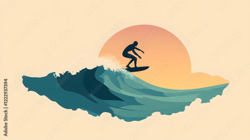 Naklejka premium Surfer riding wave, silhouette of surfer against vibrant sunset, perfect for beach lifestyle themes and surf culture.