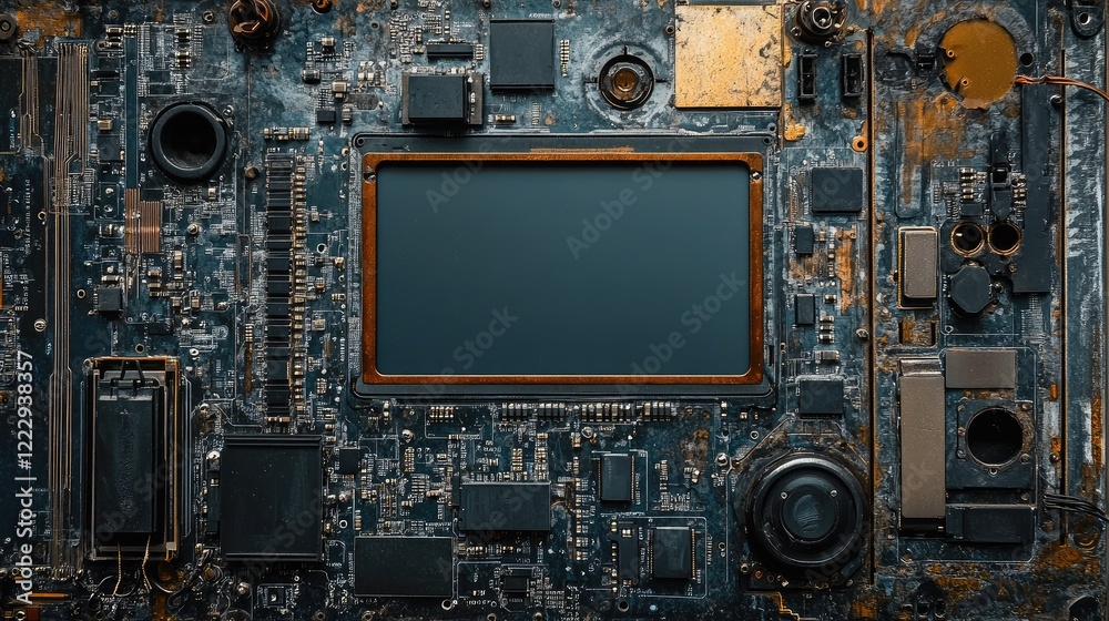 Fototapeta premium Close up of an electronic circuit board with metallic details featuring a blank digital display for customizable text or graphics