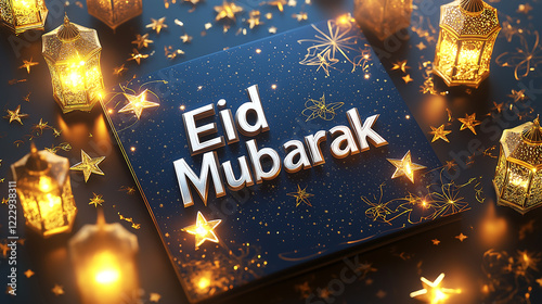 Eid Mubarak Silva text with luminous lanterns, greeting card.