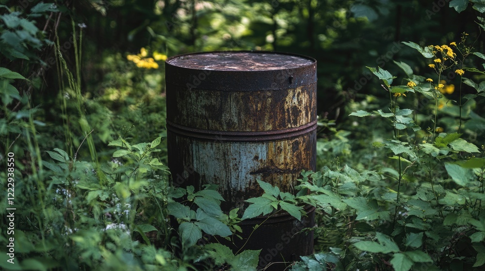Weathered Barrel Surrounded by Lush Greenery in Natural Setting with Ample Space for Text and Visual Effects Weathered Barrel Surrounded by Lush Greenery in Natural Setting with Ample Space for Text and Visual Effects