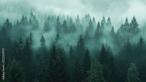 Dense misty green forest landscape with towering trees and soft fog during rainy season showcasing serene natural beauty and ample text space