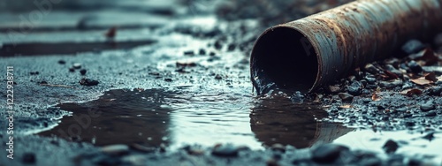 Drainpipe releasing murky water onto a wet urban street after rainfall with clear space for text and description in the foreground. photo