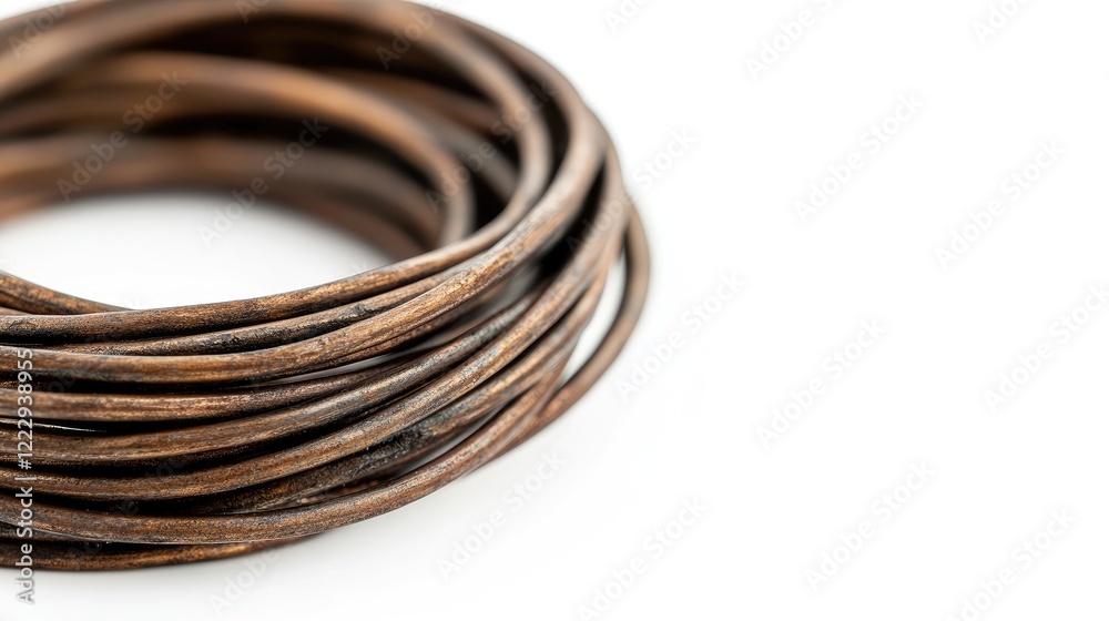 Coiled welding wire close up against a white background with ample empty space for your text or design needs Coiled welding wire close up against a white background with ample empty space for your text or design needs