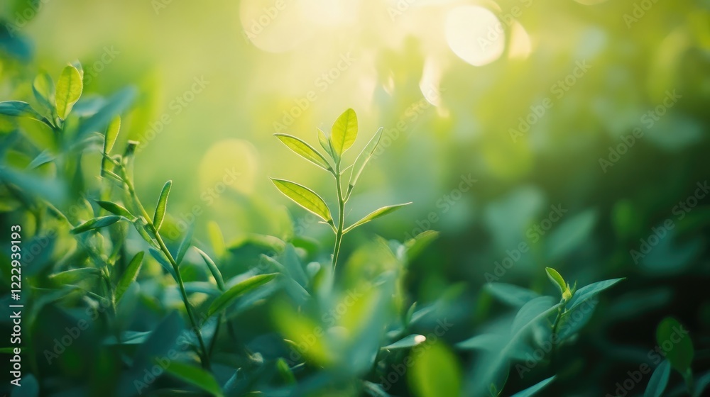 Close up of blurred green leaves growing in sunlight with soft bokeh background and space for text in agricultural or nature themes Close up of blurred green leaves growing in sunlight with soft bokeh background and space for text in agricultural or nature themes