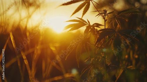 Close up of cannabis leaf illuminated by sunrise in a serene field with empty space for text and branding options photo