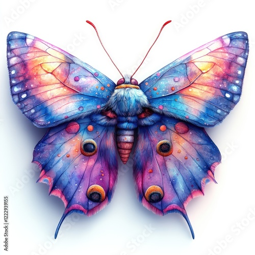 Vibrantly colored butterfly with intricate patterns and textures, set against a clean white background