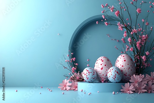 3d Happy Easter banner with painted eggs, flowers and podium. Concept of Easter egg hunt or egg decorating for product presentation. 3d render photo