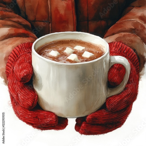 A person in red mittens holds a steaming mug of hot chocolate with marshmallows in a wintery outdoor setting