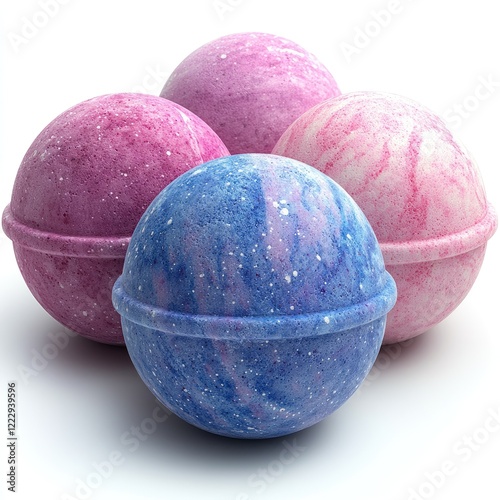 Colorful bath bombs in various shades of pink and blue arranged artistically on a white background