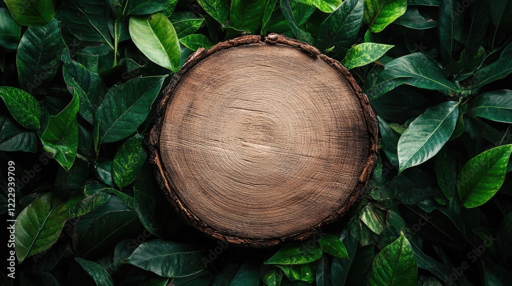 Natural wooden tree stump on lush green jungle leaves providing empty space for text or design, ideal for nature-themed projects. Natural wooden tree stump on lush green jungle leaves providing empty space for text or design, ideal for nature-themed projects.
