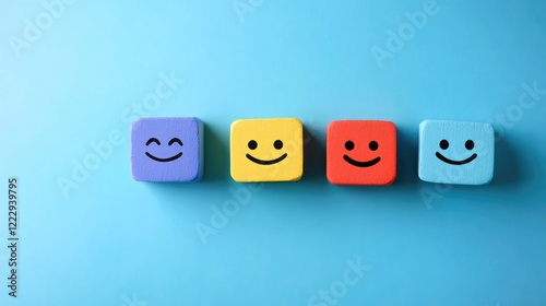 Customer sentiment analysis icons showcasing diverse emotions with space for text on a vibrant blue background for digital marketing applications photo