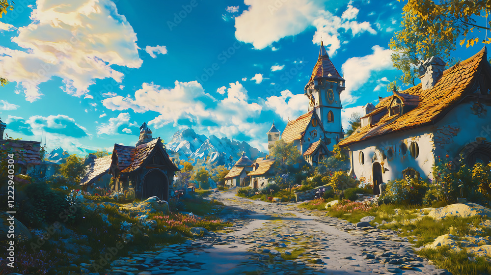 picturesque European village with cobblestone streets, charming houses, and scenic backdrop of mountains and blue skies. vibrant colors evoke sense of tranquility and beauty picturesque European village with cobblestone streets, charming houses, and scenic backdrop of mountains and blue skies. vibrant colors evoke sense of tranquility and beauty